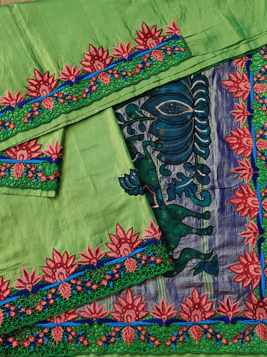 Parrot Green Colour Tissue Kanchivaram Silk Saree With Kalamkari Applique Work All