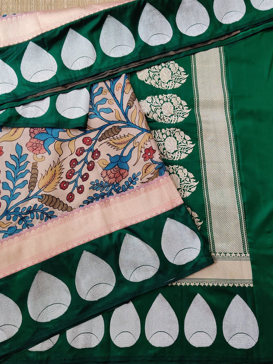 Cream Colour Ikkat & Banarasi Silk Fusion Saree