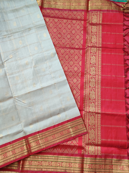 Light Grey Colour Silk Cotton Saree With Zari Checks Motif All Over