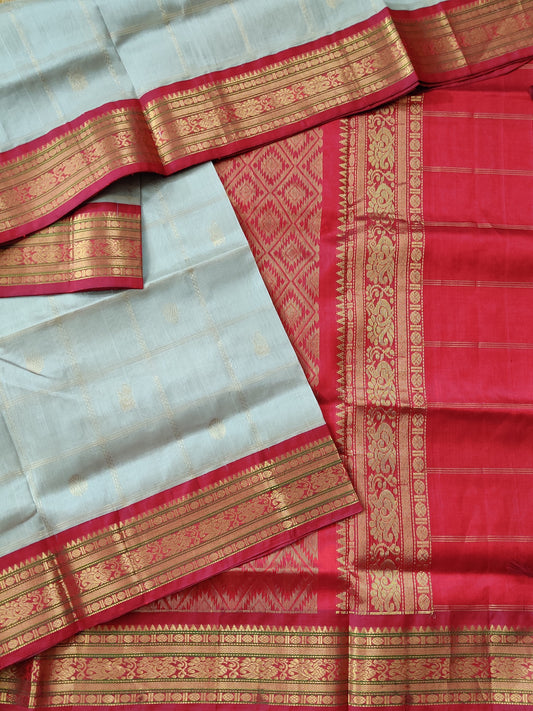 Light Grey Colour Silk Cotton Saree With Zari Checks Motif All Over