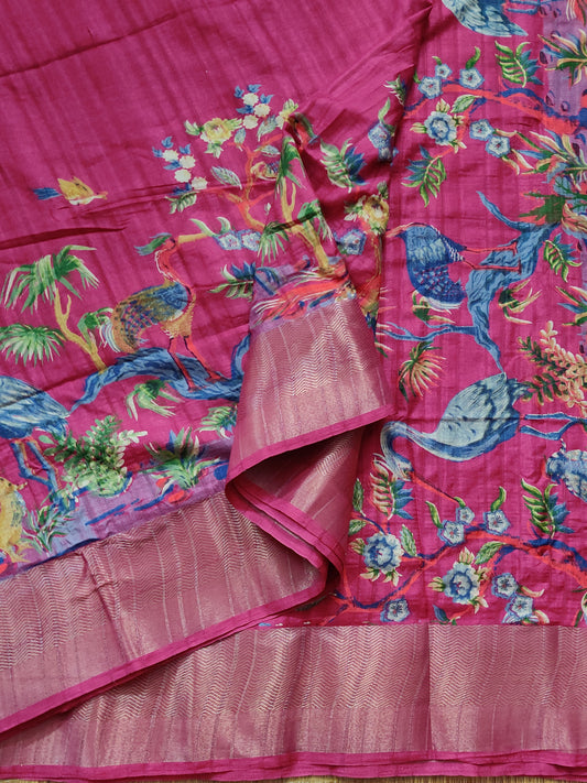 Pink Colour Semi Banarasi Saree With Digital Print All Over