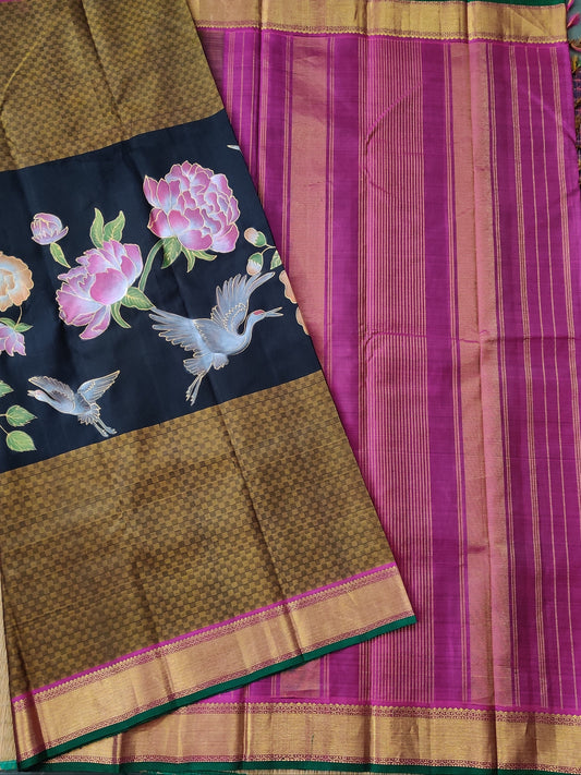 Black & Mehandi Green Colour Kanchivaram Silk Saree With Hand Painting All Over