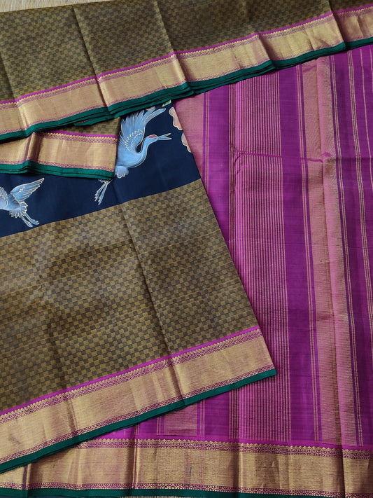 Black & Mehandi Green Colour Kanchivaram Silk Saree With Hand Painting All Over