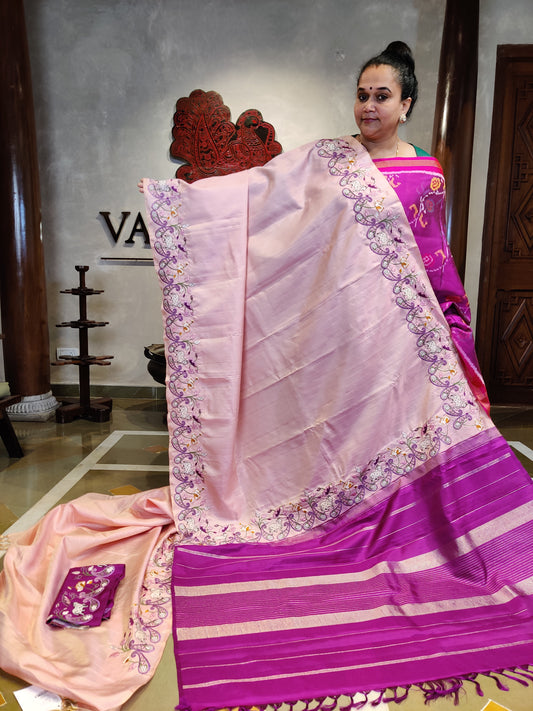 Light Baby Pink Colour Kanchivaram Silk Saree With Silver Zari Stripes All Over