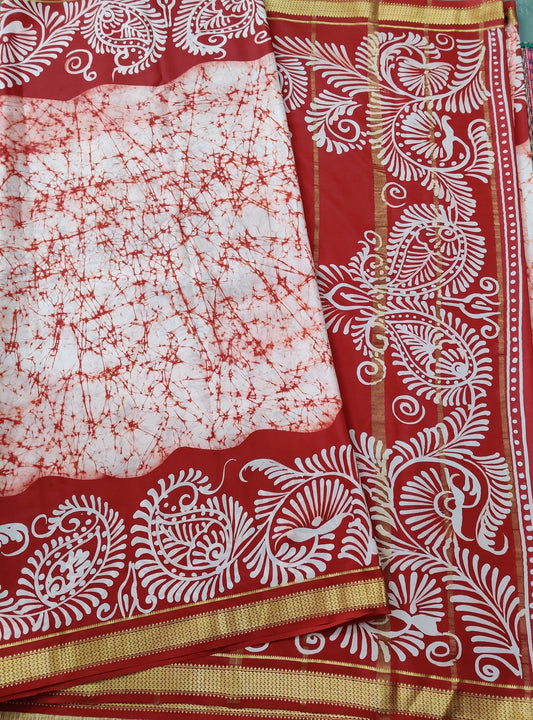 Cream and Red Mysore Crepe Silk Saree With Batik Digital Prints All Over