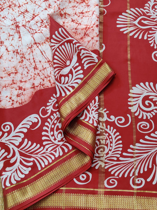 Cream and Red Mysore Crepe Silk Saree With Batik Digital Prints All Over