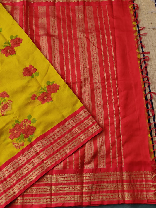 Lemonish Yellow Colour Silk Cotton Saree With Red Zari Border