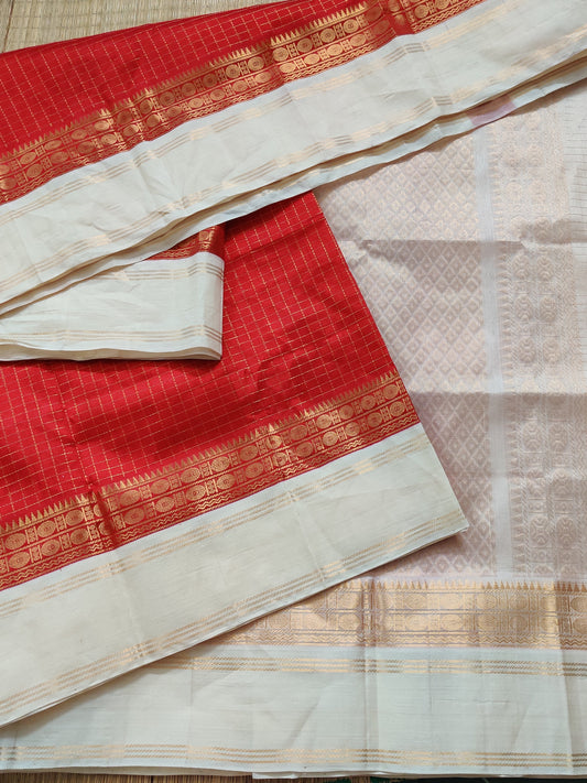 Red Colour Silk Cotton Saree With Checks All Over Code : SC019