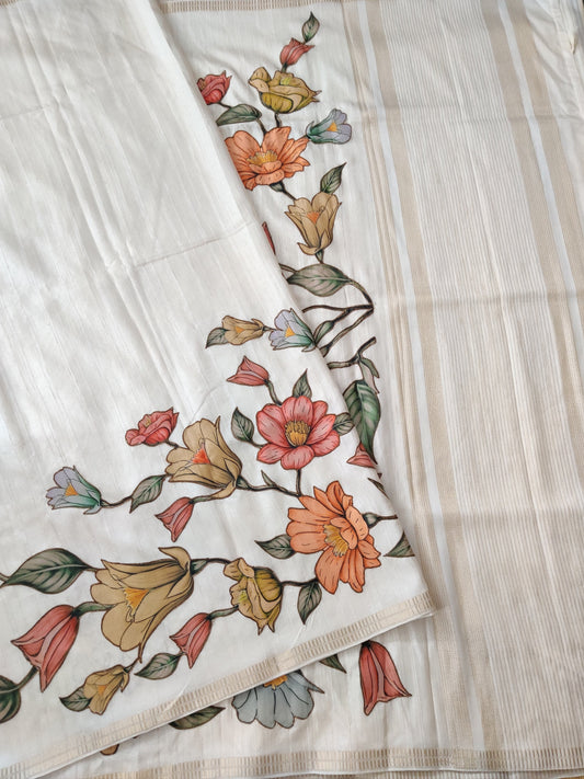 Light Cream Colour Semi Tussar Saree With Digital Print All Over Code : VB74