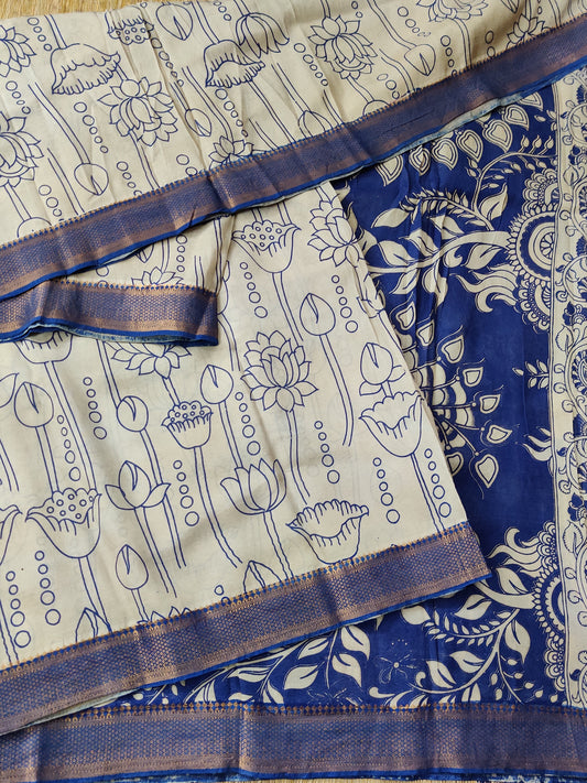 Cream Colour Semi Mangalagiri Cotton Saree With Kalamkari Digital Print Code : PC003