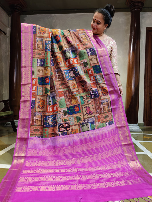 Multi Colour Silk Cotton Saree With Digital Prints All Over Code : PC002