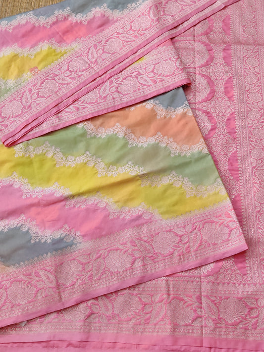 Multi Colour Semi Banarasi Saree With Zari Motif Body Code : VB075
