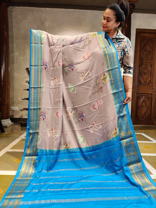 Grey Colour Mysore Crepe Silk Saree With Eco Digital Print All Over Code : KA067