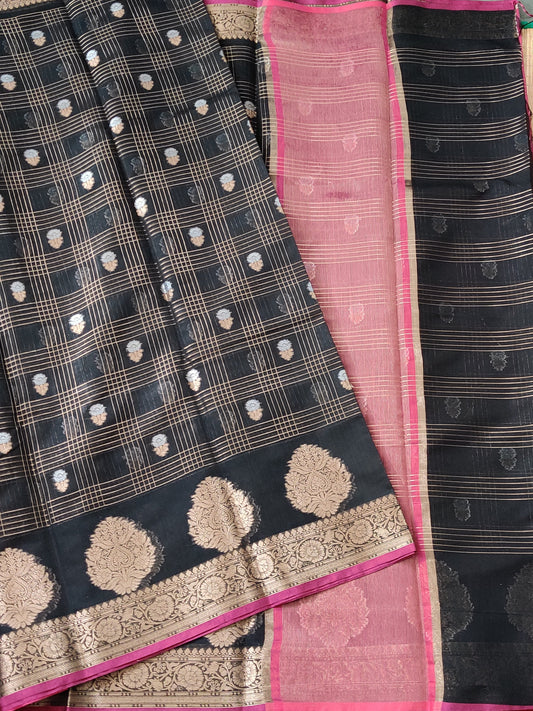 Black Colour Semi Banarasi Saree With Zari Checks Motif All Over Code : VB083
