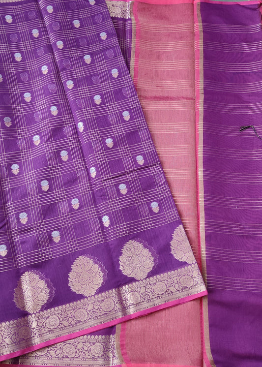 Purple Colour Semi Banarasi Saree With Zari Motif All Over Code : VB087