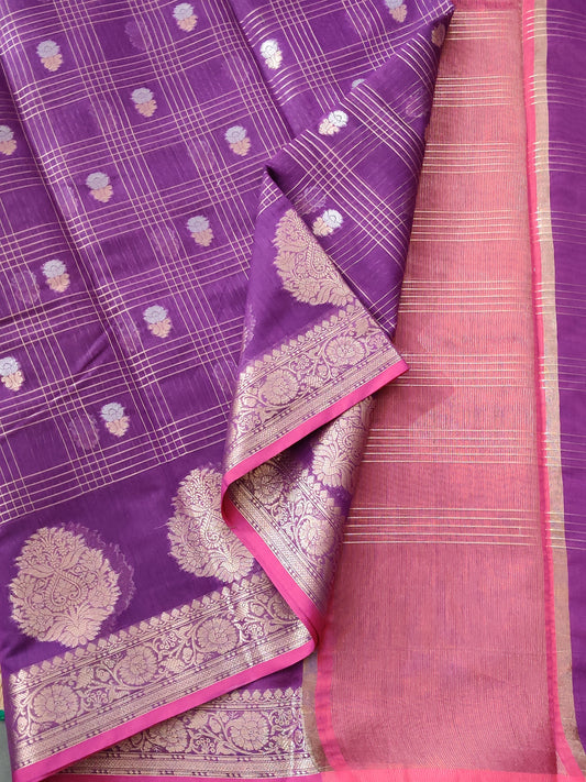 Purple Colour Semi Banarasi Saree With Zari Motif All Over Code : VB087