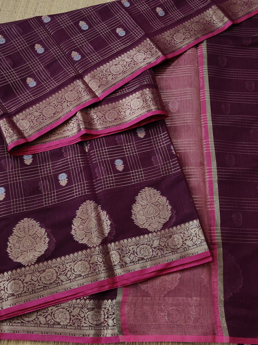 Maroon Colour Semi Banarasi Saree With Zari Motif All Over Code : VB084
