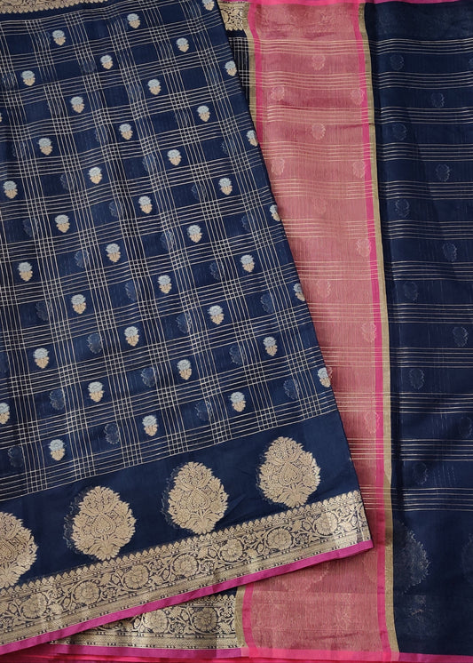 Navy Blue Colour Semi Banarasi saree With Zari Checks All Over Code : VB086