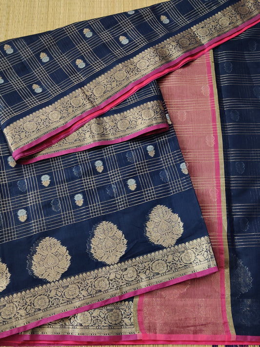 Navy Blue Colour Semi Banarasi saree With Zari Checks All Over Code : VB086