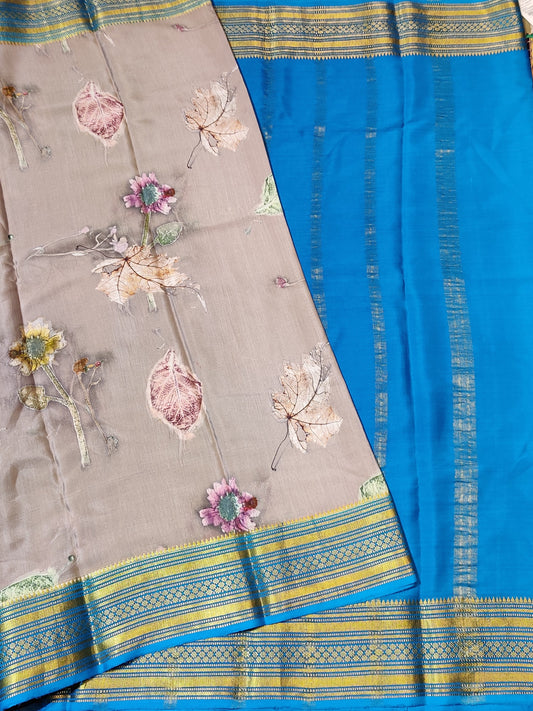 Grey Colour Mysore Crepe Silk Saree With Eco Digital Print All Over Code : KA067