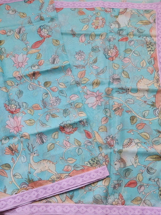 Light Sea Blue Colour Semi Kota Saree With Kalamkari Digital Print All Over Code : VB088