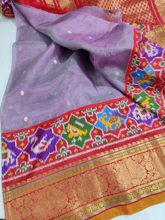 Lavender Colour Ikkat & Tissue Fusion Saree With Silver & Gold Zari Butta All Over Code : IK010