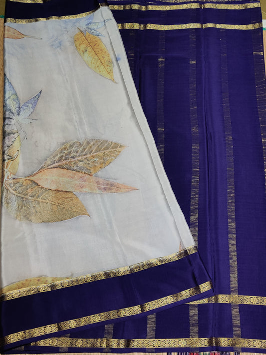 Cream Colour Mysore Crepe Silk Saree With Eco Digital Print All Over Code : KA068