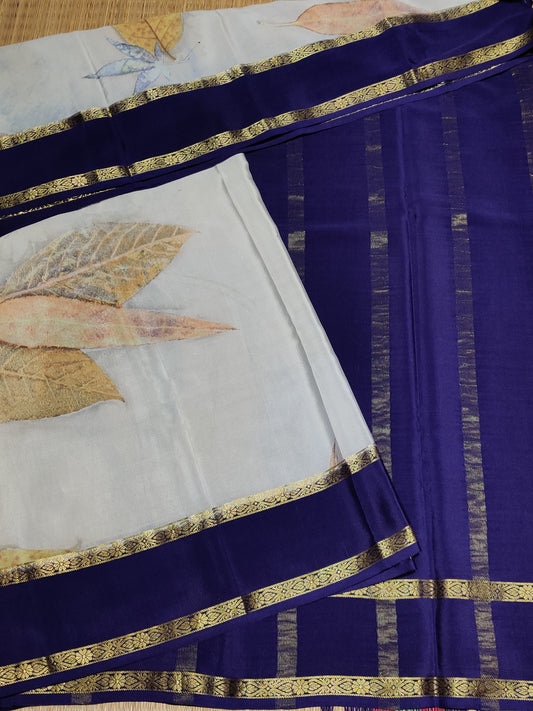 Cream Colour Mysore Crepe Silk Saree With Eco Digital Print All Over Code : KA068