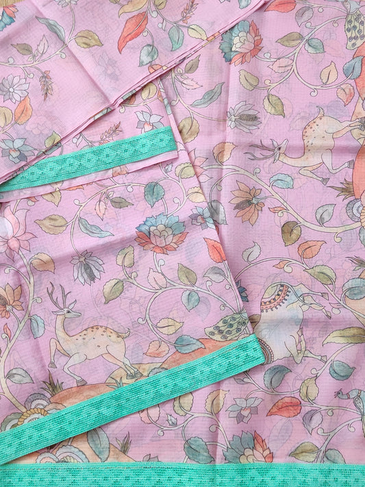 Light Pink Colour Semi Kota Saree With Kalamkari Digital Print All Over Code : VB089