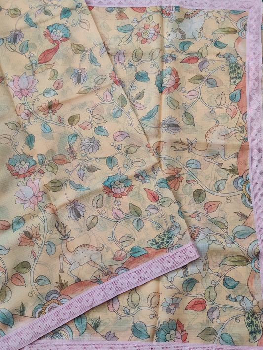 Light Yellow Colour Semi Kota Saree with Digital Print All Over Code : VB090
