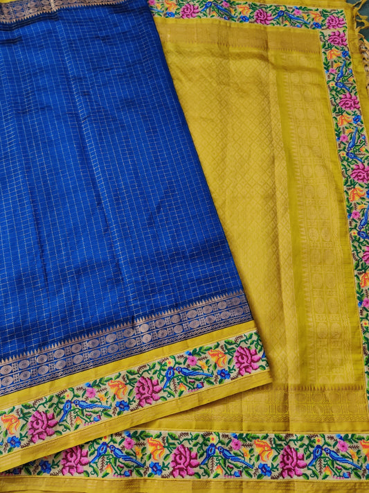 Peacock Blue Colour Silk Cotton Saree With Zari Checks All Over Code : SC016