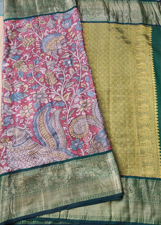 Maroon Colour Tussar & Kanchivaram fusion Silk Saree With Kalamkari Hand Work Body Code : KA096