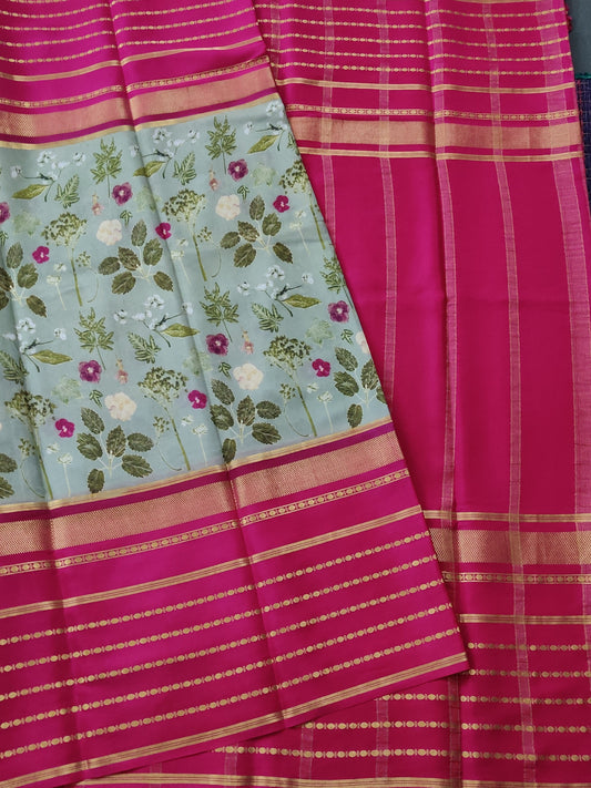 Mehandi Green Colour Mysore Crepe Silk Saree With Eco Digital Print All Over Code : KA086