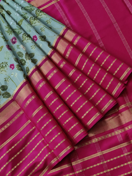 Mehandi Green Colour Mysore Crepe Silk Saree With Eco Digital Print All Over Code : KA086