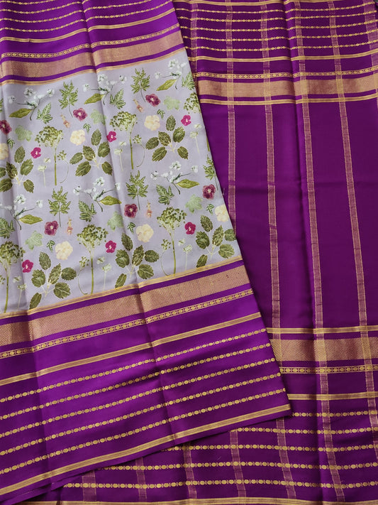 Grey Colour Mysore Crepe Silk Saree With Eco Digital Print All Over Code : KA088