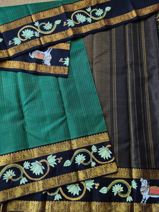 Green Colour Kanchivaram Silk Saree With Thanjor Hand Painting Code : KA020