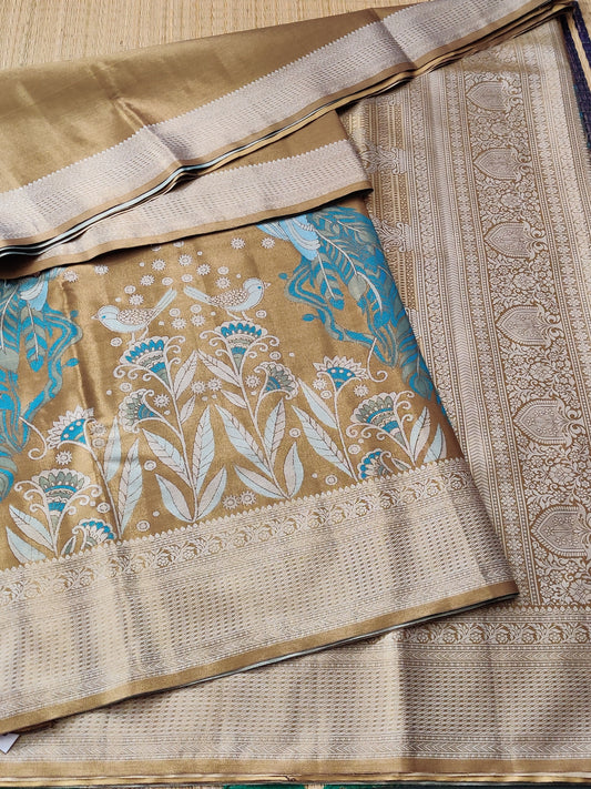 Dark Gold Colour Semi Kanchi Silk Saree With Peacock Thread Woven Motif Body Code : VB0121