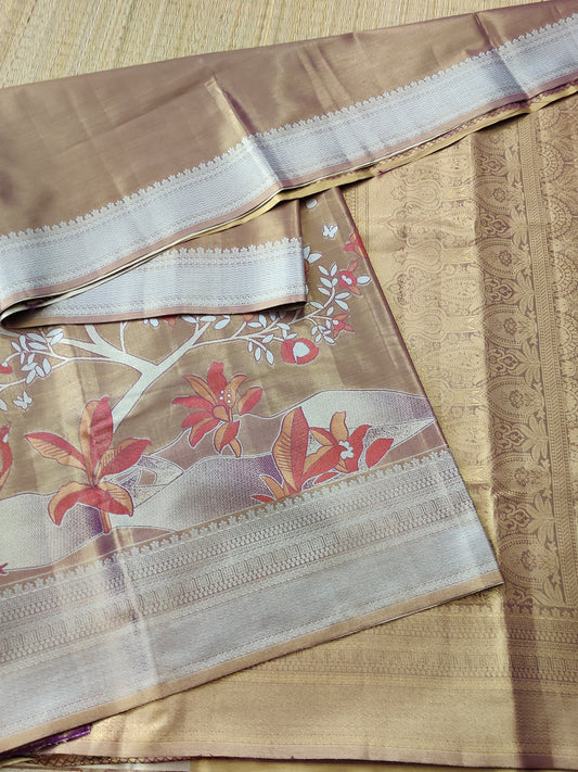 Light Brown Colour Semi Kanchi Silk Saree With Thread Woven & Zari Motif All Over Code : VB0122
