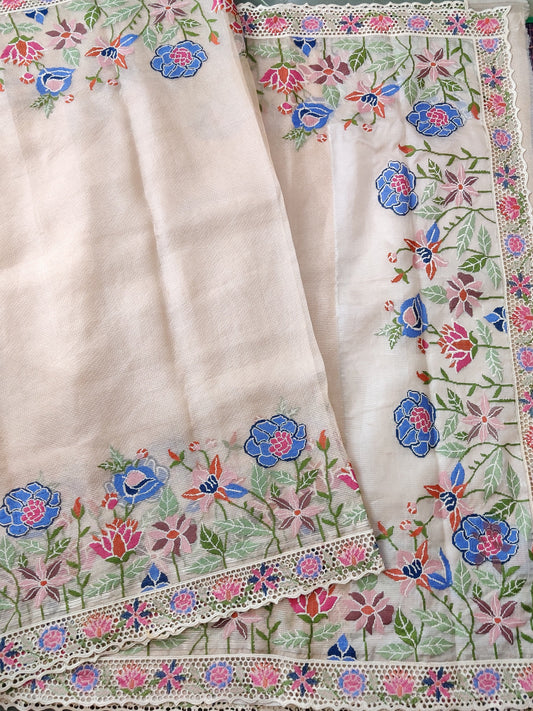 Cream Colour Tussar Kota Silk Saree With Cross Stitch Embroidery Work Code : VB0141