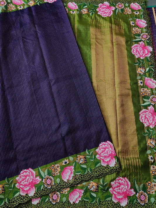 Navy Blue Colour Kanchivaram Silk Saree With Small Zari Checks All Over Code :KA040