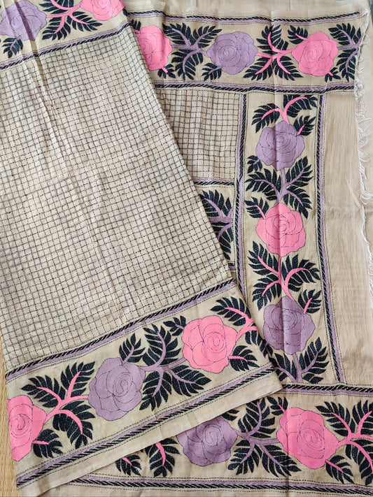 Tussar Colour Tussar Silk Saree With Kantha Work Work All Over Code : KT008