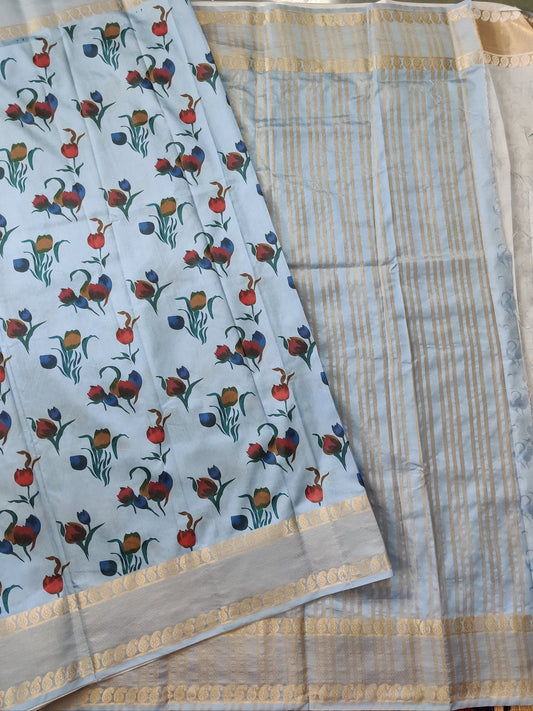 Sea Blue Colour Semi Banarasi Saree With Floral Digital Print All Over Code : VB0130