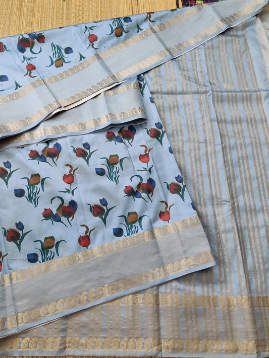 Sea Blue Colour Semi Banarasi Saree With Floral Digital Print All Over Code : VB0130