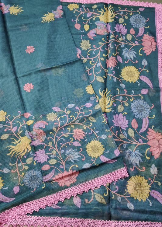 Green Colour Kota Silk Saree With Kalamkari Digital Print All Over Code : VB0128