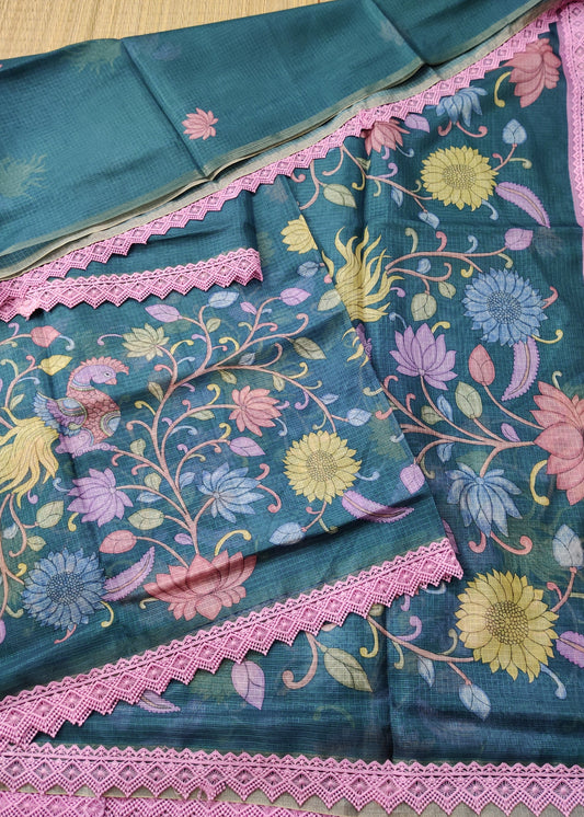 Green Colour Kota Silk Saree With Kalamkari Digital Print All Over Code : VB0128