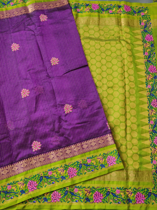 Purple Colour Silk Cotton Saree With Thread Woven Checks & Embroidery Work Code : SC001