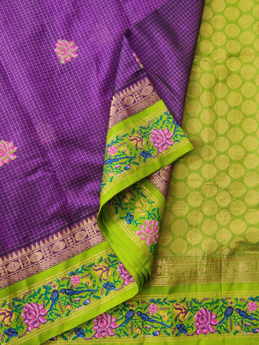 Purple Colour Silk Cotton Saree With Thread Woven Checks & Embroidery Work Code : SC001