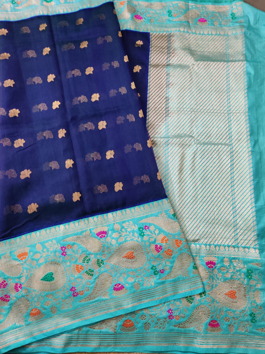 Dualtone Peacock Blue Colour Chanderi & Banarasi Silk Saree With Zari Butta All Over Code : VB0142