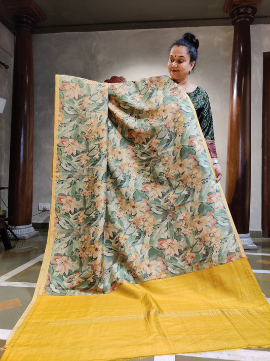 Multi Colour Pure Silk Kanchivaram Silk Saree With Floral Digital Print Code : KA083