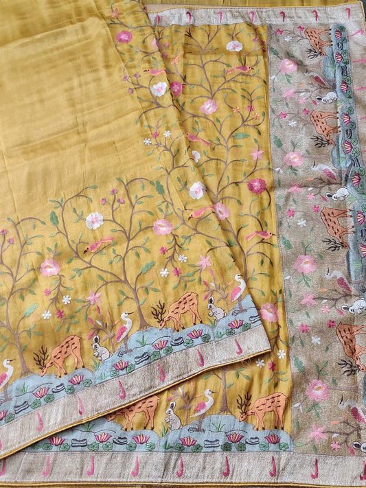 Mustard Yellow Colour Semi Tissue Saree With Vanasingaram Embroidery Body Code : VB0149